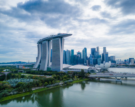 Marina bay sands in front of Singapore skyline. Aerial drone view. Landscape of Singapore city center. Aerial drone viewの写真素材