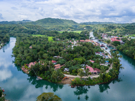 Loboc River cruise in Bohol island, Philippines. Aerial drone view of river popular for river cruisesの写真素材