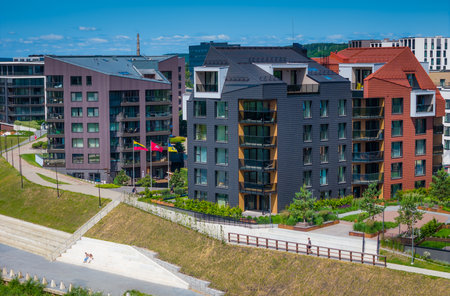 New modern residential building district Piliamiestis in Kaunas with modern facades. Aerial drone view photo.の写真素材