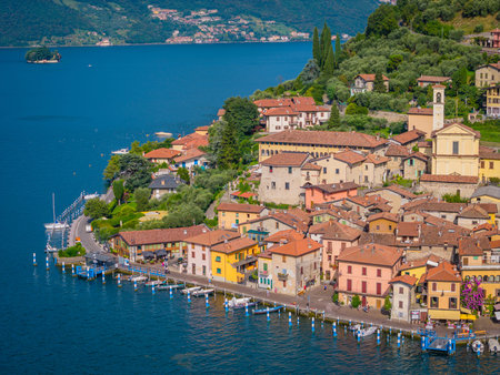 Peschiera Maraglio in Monte Isola, Lake Iseo or Lago dIseo. Beautiful island in Lombardy, Italy. Aerial drone viewの写真素材