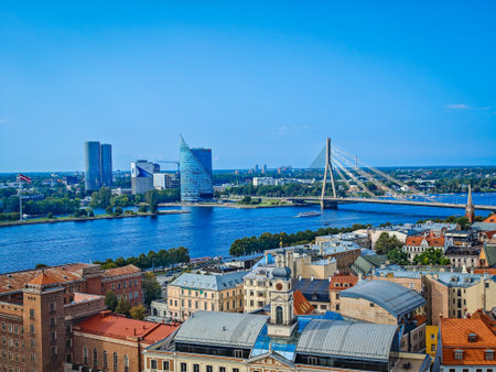 Riga old town. Aerial drone view. Panoramic view of Latvia capital city center