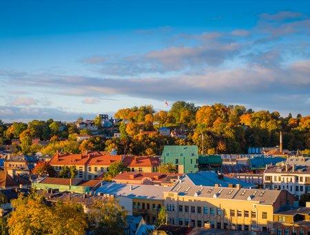 Kaunas old town and modern new city center in autumn, Lithuania. Aerial drone view on golden hourの写真素材