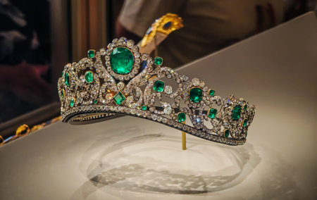 Royal crown with colorful jewels. Symbol of monarchy