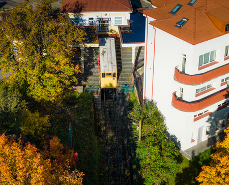 Zaliakalnis Funicular. Green Hill Funicular railway in Kaunas, Lithuania. Built in 1931, one of the oldest operating in the world. Aerial drone viewの写真素材