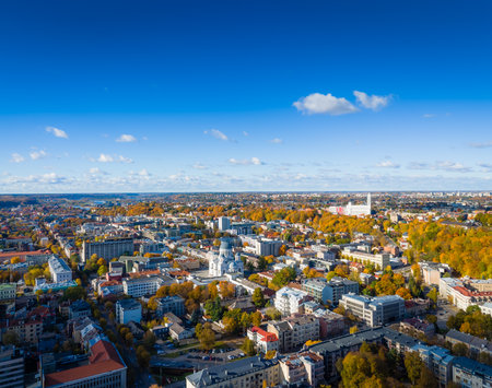 Kaunas landscape, Lithuania. Panoramic view of city center in autumn. Aerial drone view photoの写真素材