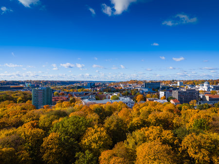 Kaunas landscape, Lithuania. Panoramic view of city center in autumn. Aerial drone view photoの写真素材