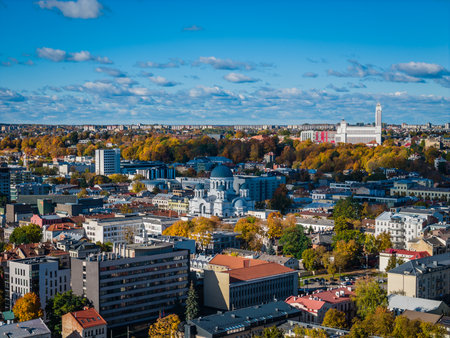 Kaunas landscape, Lithuania. Panoramic view of city center in autumn. Aerial drone view photoの写真素材