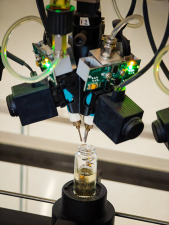 Perfume production. Different scents in bottles. Robotic perfume production line with automated fragrance dispensingの写真素材