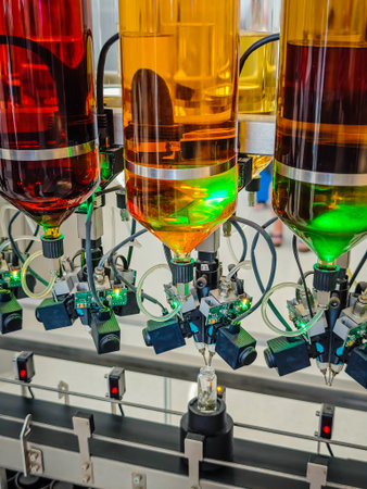 Perfume production. Different scents in bottles. Robotic perfume production line with automated fragrance dispensingの写真素材