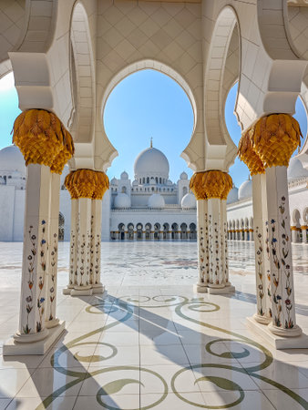 Sheikh Zayed Grand Mosque in Abu Dhabi, United Arab Emirates. One of largest mosques in the world. White marble domes and columnsの写真素材