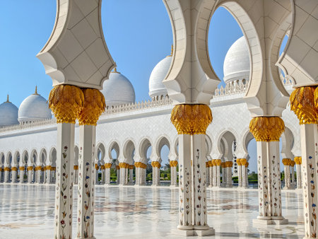 Sheikh Zayed Grand Mosque in Abu Dhabi, United Arab Emirates. One of largest mosques in the world. White marble domes and columnsの写真素材