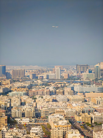 Deira - historical district of Dubai, United Arab Emirates. Aerial drone view of old town panoramaの写真素材