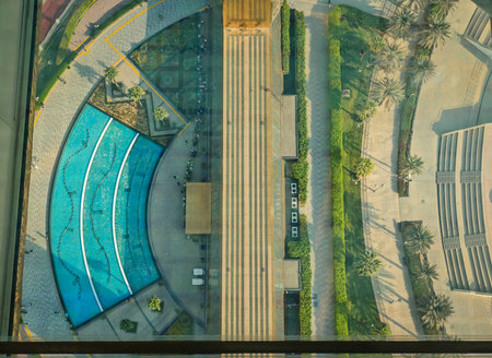 11 29 2025 - Dubai, UAE. Dubai Frame 150-meter-high glass bridge at its summit, connecting its two towers and providing panoramic views of both Old and New Dubai. FPV viewのeditorial素材