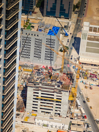 11 30 2025 - Dubai, UAE. New modern office building construction in Dubai. Skyscraper construction site with cranes. Aerial drone viewのeditorial素材