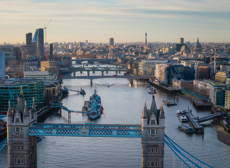 London city skyline panorama. Aerial drone view of panoramic background of London. Iconic skyline...