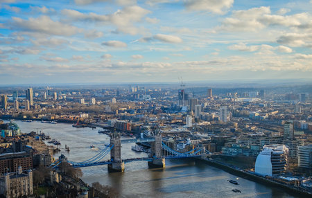 London city skyline panorama. Aerial drone view of panoramic background of London. Iconic skyline with skyscrapers, river Thames, historic landmarksの写真素材