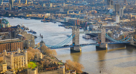 Tower Bridge. Aerial drone photo. Close-up of London Tower Bridge panorama at sunset