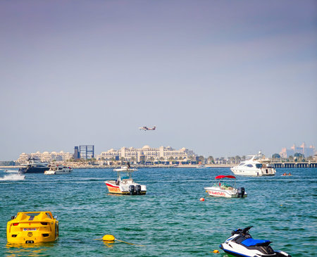 01 08 2026 - Dubai, UAE. Skydive Dubai plane takes off from Airstrip with skydivers. Panoramic...