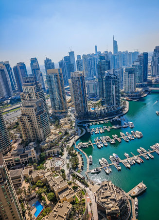 01 11 2026 - Dubai, UAE. Dubai Marina. Aerial view drone photography capturing modern skyscrapers,...