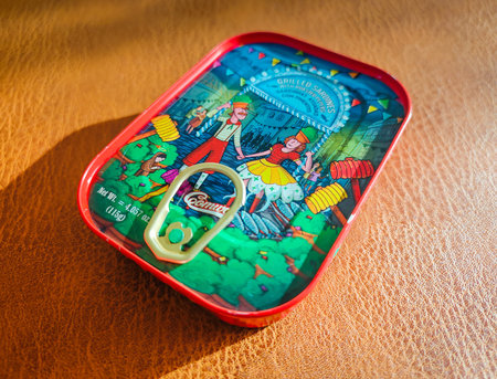 02 18 2026 - Libson, Portugal. Sardines in a can. Colorful can with sardines with pepper in oil. Canned sprats close up photo. Healthy meal concept.のeditorial素材