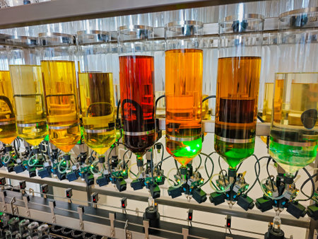 Perfume production. Different scents in bottles. Robotic perfume production line with automated...