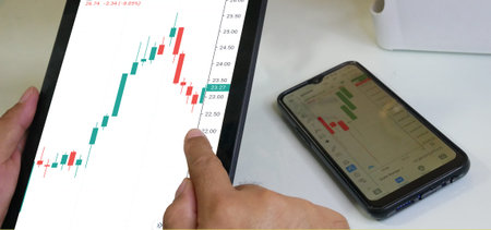 Businessman checking stock market dataà¸¡Stock Market Application for Mobile, Analyzing Data...