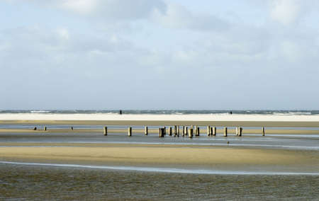 a sunny winterday on Schiermonnikoog beach showing old beach headsの写真素材