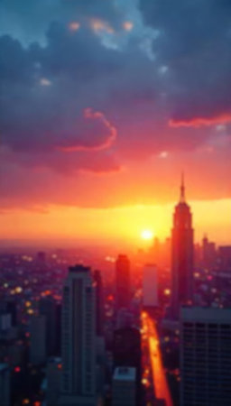 Abstract blur bangkok cityscape at sunset background with lens flare effectの素材