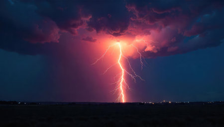 Lightning strike in the night sky. Thunderstorm and lightning.の素材