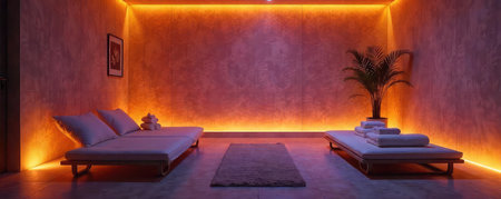 Ocean sunset with lounge chairs and warm golden light. Relaxing travel and resort concept.の素材