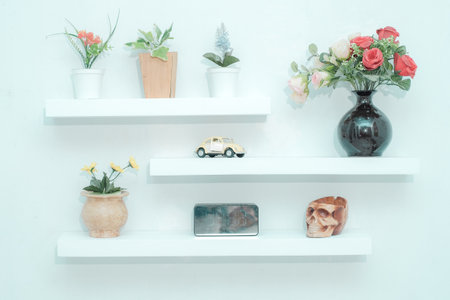 Wooden shelves with beautiful plants, alarm clock, toy cars and books on a light wallの写真素材