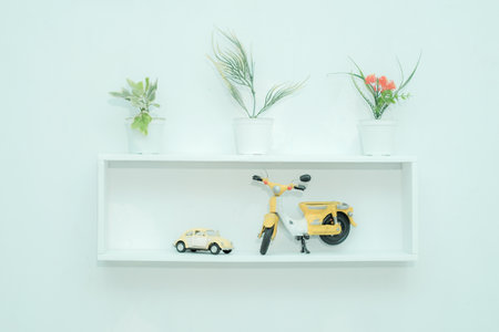 Wooden shelves with beautiful plants, alarm clock, toy cars and books on a light wallの写真素材