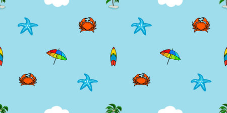 Summer blue doodle  pattern. Colorful background with beach elements.