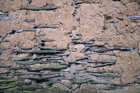 Old exposed timber in a mud daub wall of a rural building damaged by the weather with missing plaster in a close up full frame viewの写真素材