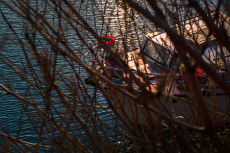 Yacht floating on the rippled surface of the sea while being moored at shore seen between the bare branches of a tree in springtimeの写真素材