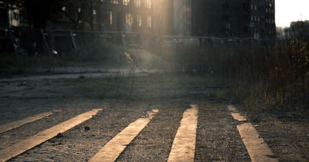 Low angle view of a deserted city street at night lit by beams of light from illuminated apartment windows with rows of paving in gravel in the foreground in an atmospheric urban landscapeの写真素材