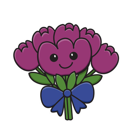 Cute Cartoon Flower Bouquet with Smiling Face and Blue Ribbonのイラスト素材