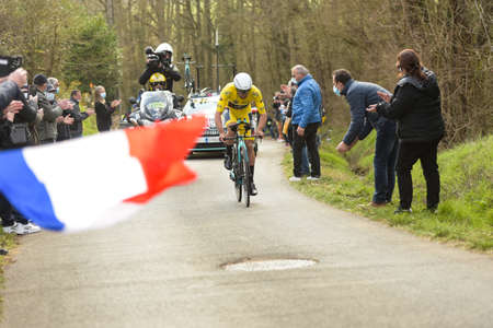 GIEN - FRANCE - 9 MARCH 2021: photography of michael matthews during the race paris nice and leadership before the time trial of gienのeditorial素材
