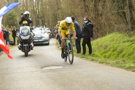 GIEN - FRANCE - 9 MARCH 2021: photography of michael matthews during the race paris nice and leadership before the time trial of gienのeditorial素材