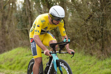 GIEN - FRANCE - 9 MARCH 2021: photography of michael matthews during the race paris nice and leadership before the time trial of gienのeditorial素材