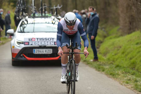 GIEN - FRANCE - 9 MARCH 2021: photography of mads pedersen during the race paris nice and the time trial of gienのeditorial素材