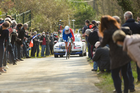 GIEN - FRANCE - 9 MARCH 2021: photography of Arnaud Demare during the race paris nice and the time trial of gienのeditorial素材
