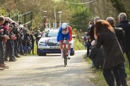 GIEN - FRANCE - 9 MARCH 2021: photography of Arnaud Demare during the race paris nice and the time trial of gienのeditorial素材