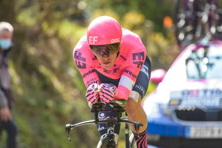 GIEN - FRANCE - 9 MARCH 2021: photography taken on a public street of arroyave canas during the race paris nice and the time trial of gienのeditorial素材