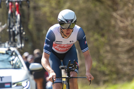 GIEN - FRANCE - 9 MARCH 2021: photography taken on a public street of alex kirsch during the race paris nice and the time trial of gienのeditorial素材