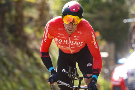 GIEN - FRANCE - 9 MARCH 2021: photography taken on a public street of marco haller during the race paris nice and the time trial of gienのeditorial素材
