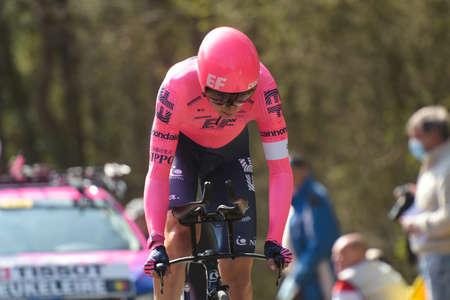 GIEN - FRANCE - 9 MARCH 2021: photography taken on a public street of jens keukeleire during the race paris nice and the time trial of gienのeditorial素材