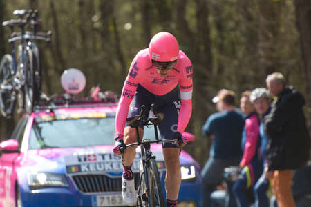 GIEN - FRANCE - 9 MARCH 2021: photography taken on a public street of jens keukeleire during the race paris nice and the time trial of gienのeditorial素材