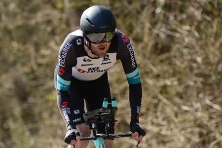 GIEN - FRANCE - 9 MARCH 2021: photography taken on a public street of jasha sutterlin during the race paris nice and the time trial of gienのeditorial素材