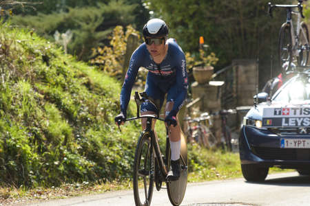 GIEN - FRANCE - 9 MARCH 2021: photography taken on a public street of senne leyden during the race paris nice and the time trial of gienのeditorial素材